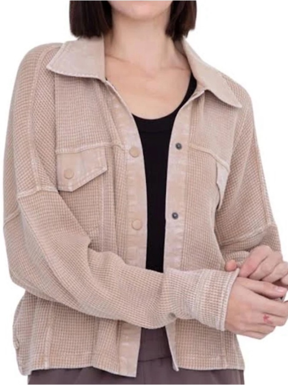 Mono B Tan Waffle Knit Mineral Washed Cropped Jacket Medium Snap Up Preppy